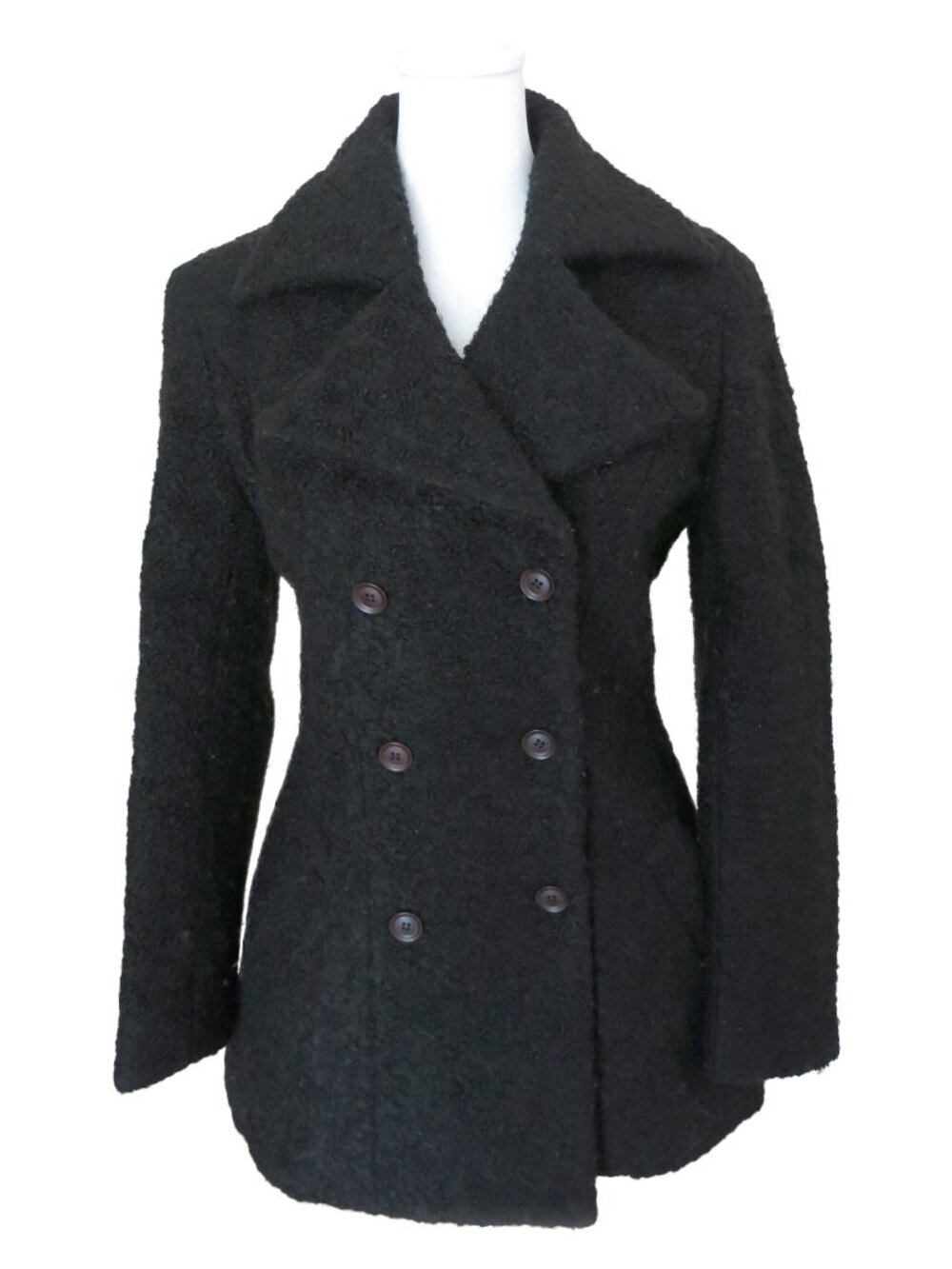 Vintage KATHERINE HAMNETT 90s Black Wool Boucle Tweed Blazer Jacket Pea Coat S